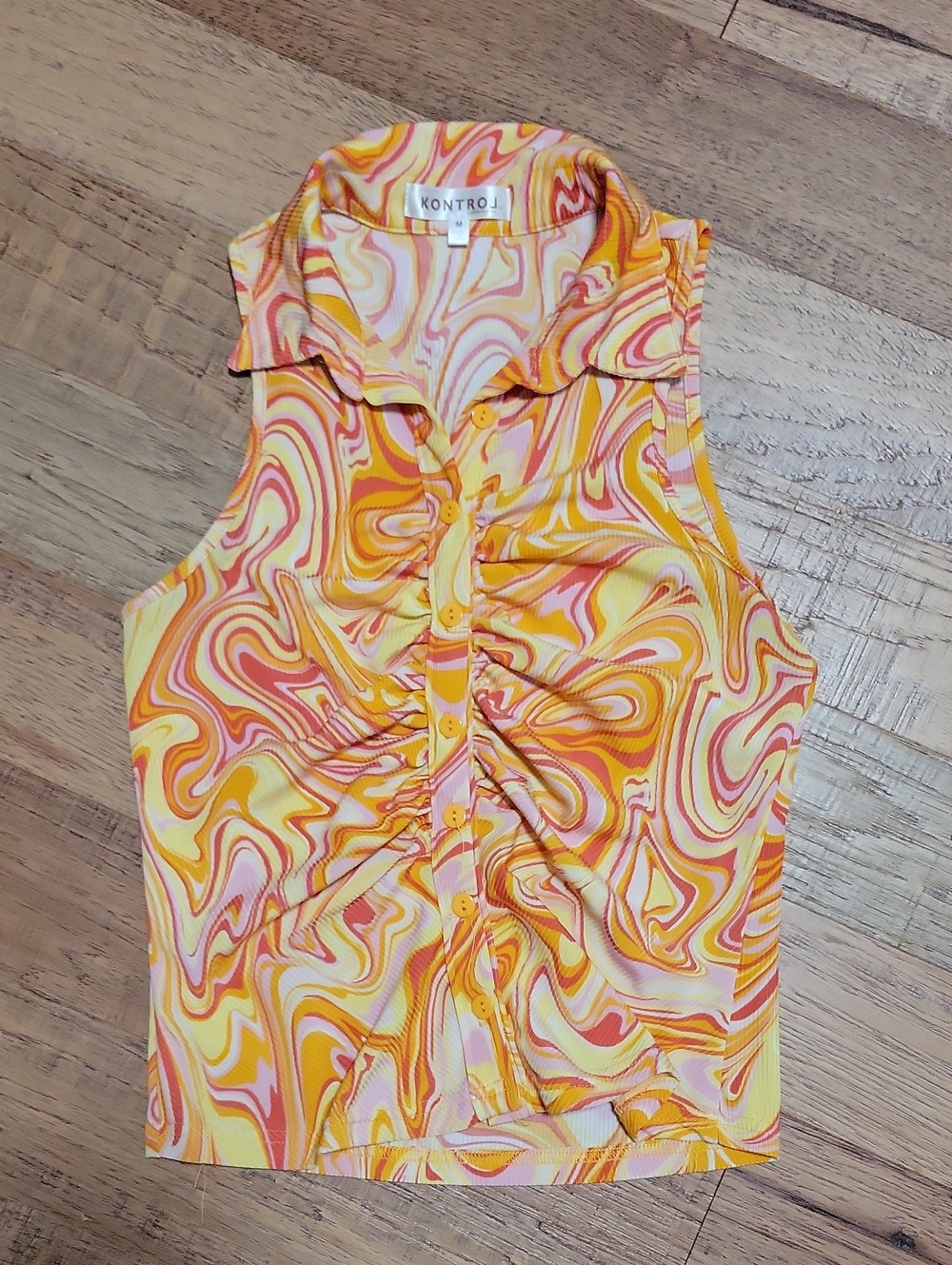 Kontrol Yellow Swirl Ruched Button-Front Sleeveless Camisole